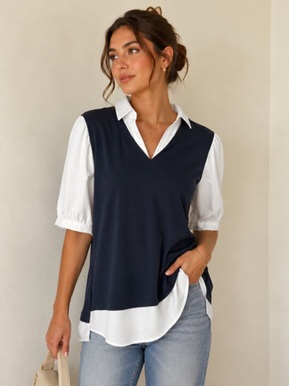 Navy & White Twofer Layered Top